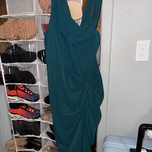 Emerald Green Chiffon Asymmetric Strap Draped Midi Dress